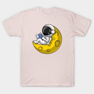 Cute Astronaut Reading Book On Moon Cartoon T-Shirt